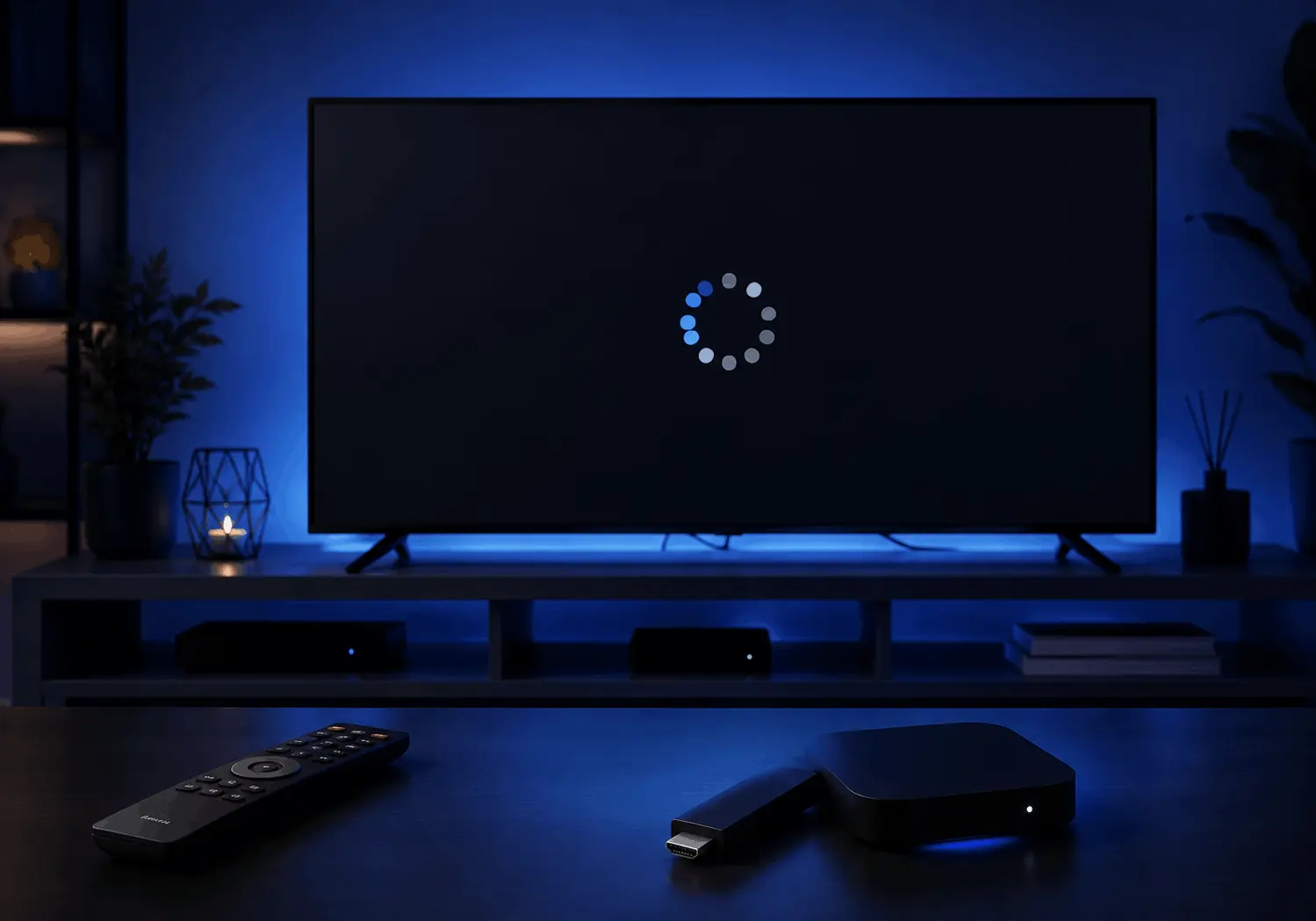 Téléviseur affichant un chargement infini sur IPTV Smarters Pro avec une télécommande et un boîtier de streaming.