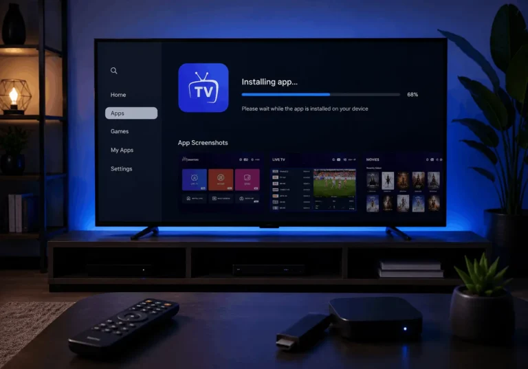 Installation d'une application IPTV sur une Smart TV avec une télécommande et un boîtier Android TV.
