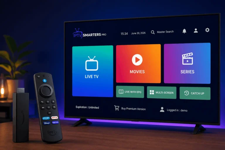 Amazon Fire TV Stick avec sa télécommande devant une Smart TV affichant l'interface IPTV Smarters Pro.