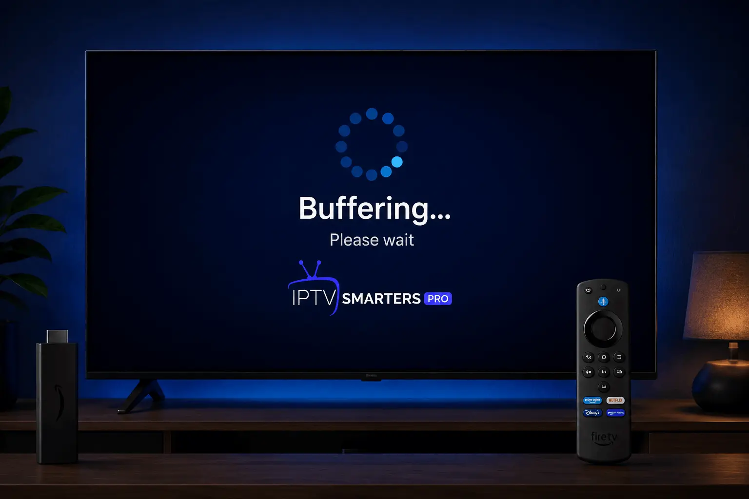 Smart TV affichant un cercle de chargement avec IPTV Smarters Pro, Fire TV Stick et télécommande sur une table.