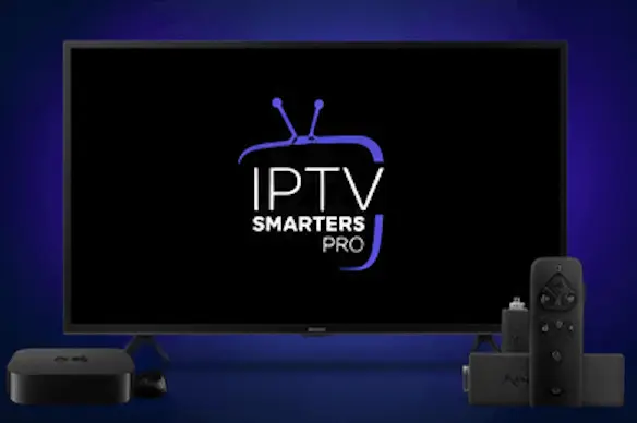 Écran noir sur IPTV Smarters Pro affiché sur une Smart TV avec un boîtier de streaming et une télécommande.