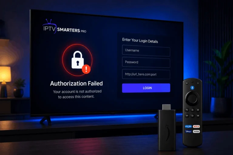 Écran de connexion IPTV Smarters Pro affichant une erreur Authorization Failed sur Smart TV avec Fire TV Stick et télécommande.