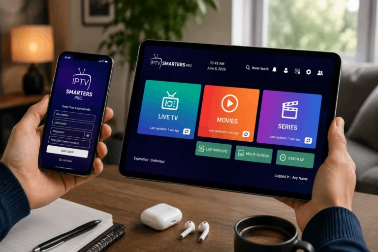 IPTV Smarters Pro sur iPhone et iPad avec interface de connexion et de streaming